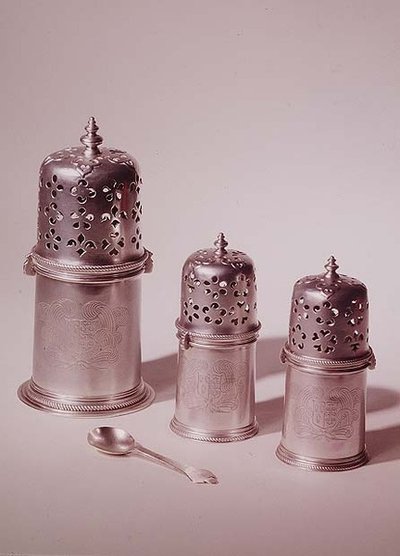 Set of three Charles II casters, by Francis Garthorne; trefoil mustard spoon; 1680-85 by English School
